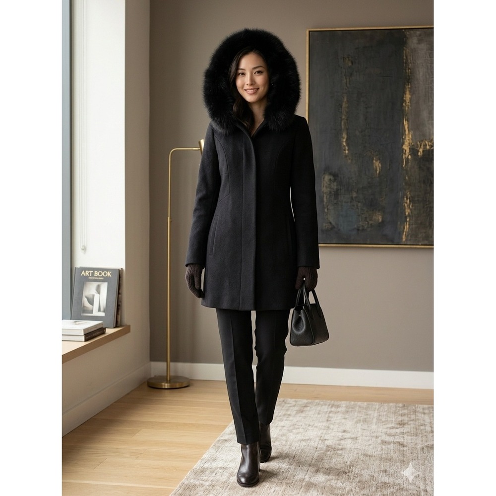 Sachi Collection Wool Coat Women XS Black Fox Fur Hooded Lambswool BO144K‎